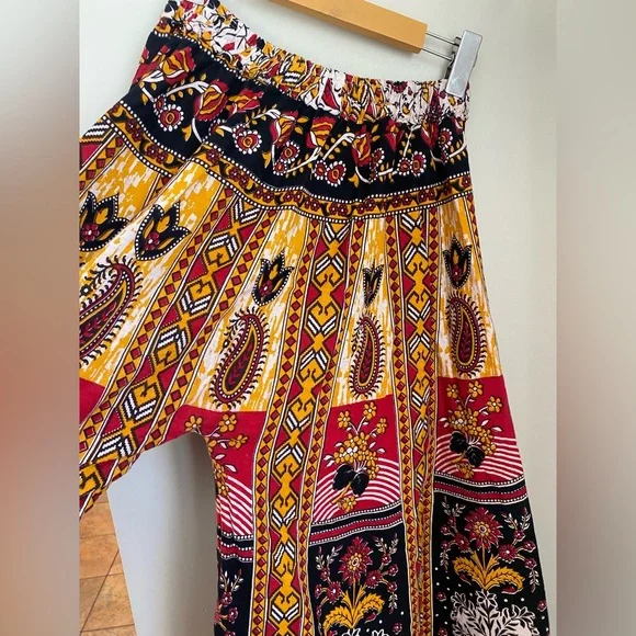 Boho Mixed Print Wide-Leg Crop Culotte Pant Size Small Festival - Picture 7 of 8